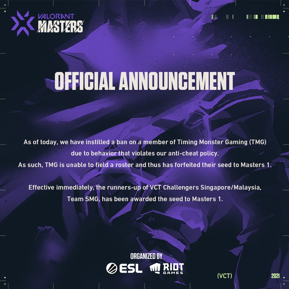 TMG will forfeit its Masters 1 spot after star player is caught cheating Riot Games official announcement banning TMG, Team SMG to replace them in Valorant Masters 1 SEA