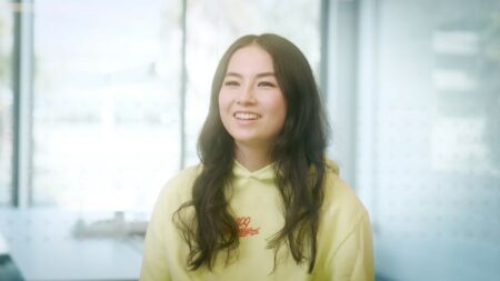 Screenshot of Kyedae smiling in her Introduction video for 100 Thieves