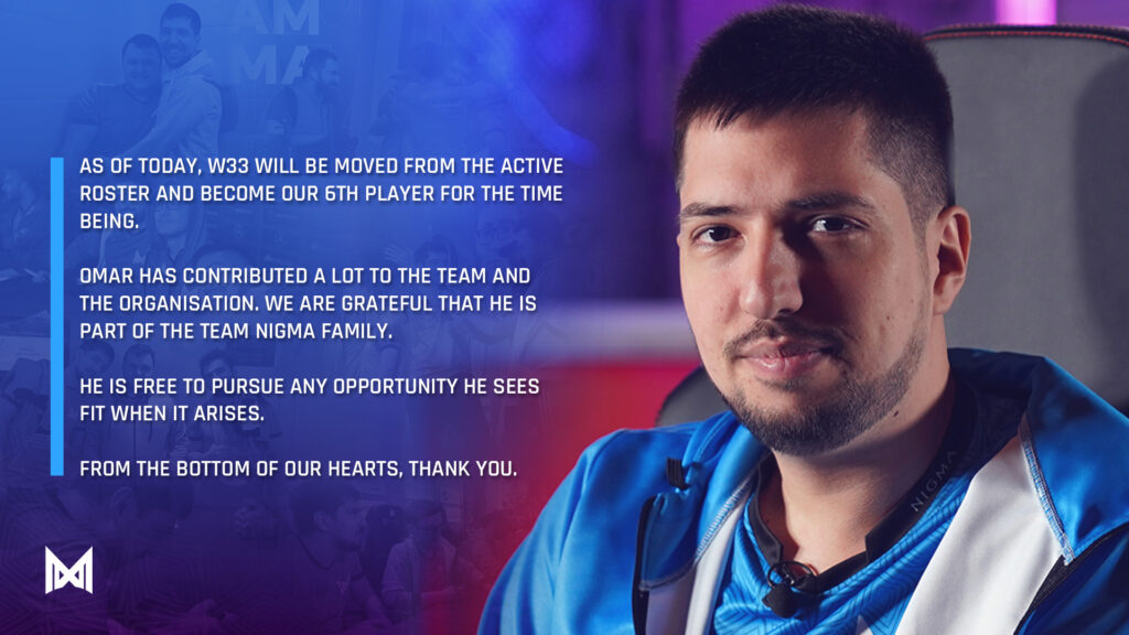 Team Nigma moves w33 to its inactive roster Team Nigma, w33, Dota 2