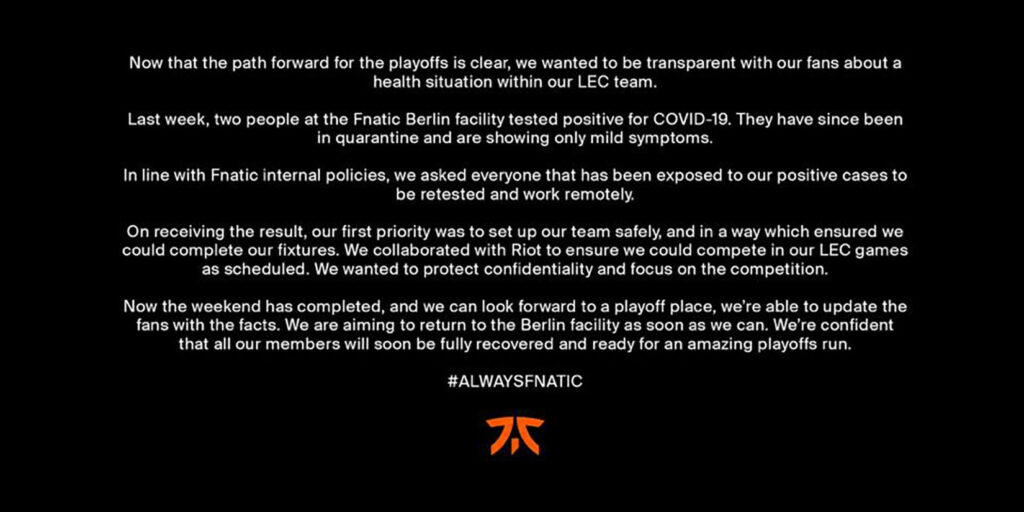 Fnatic cho cách ly toàn bộ tuyển thủ cùng đội ngũ nhân viên sau khi ghi nhận 2 trường hợp mắc COVID-19