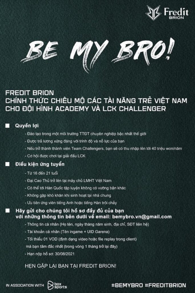 LMHT: Sau Gen.G Esports, Fredit Brion là tổ chức tiếp theo đưa ra thông báo tuyển dụng game thủ Việt LMHT, BRO