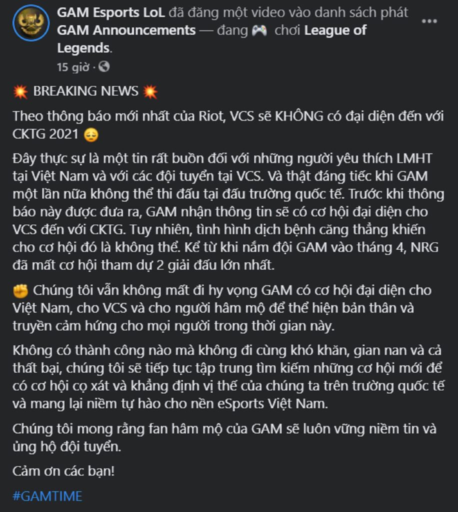 LMHT: VCS lỡ hẹn với CKTG 2021, GAM Levi và HLV JackieWind tỏ rõ sự thất vọng GAM Esport