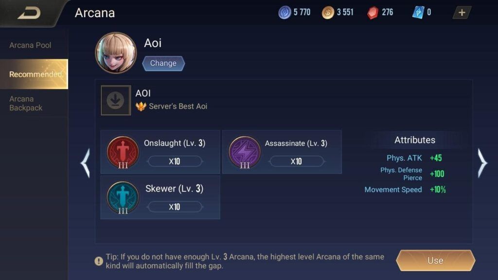 Arena of Valor, Aoi, Arcana