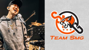 JJ Lin in studio recording and Team SMG logo